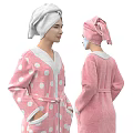 Women Wearing Pink Robes With Gray Trim And White Polka Dots With Towels On Head