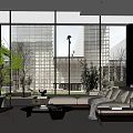Modern Sales Office with Large Windows Interior Furniture and Green Plants