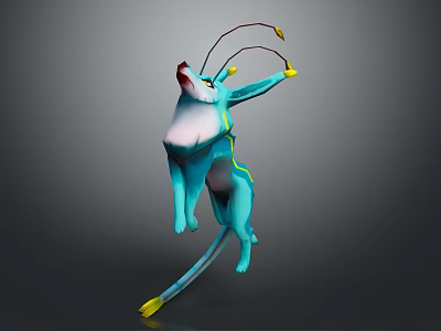 Blue Cat Like Animal With Long Ears Yellow Accents And Standing Pose 3d model