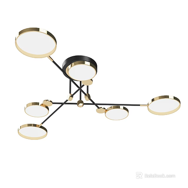Modern Multi Light Chandelier with Circular Shades Black Frame and Golden Trim 3d model 
