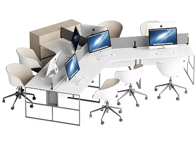 Modern Office Desk Workstation With Computer Monitors And White Swivel Chairs 3d model