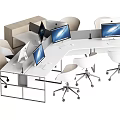 Modern Office Desk Workstation With Computer Monitors And White Swivel Chairs