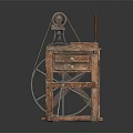 Vintage Wooden Mechanical Device With Wheel Gear And Multiple Components