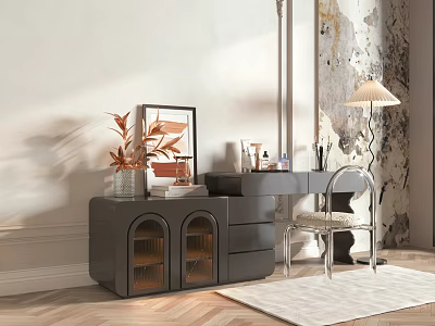 Modern Dark Gray Dressing Table With Glass Door Cabinets Cosmetics Accent Chair And Floor Lamp 3d model