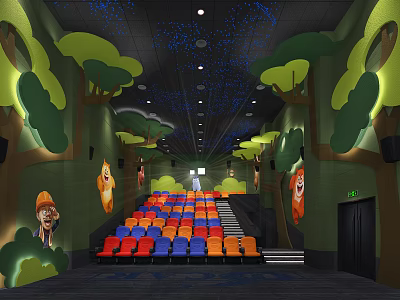 Cinema Interior With Colorful Seats And Cartoon Animal Decorations Green Trees And Starry Ceiling 3d model