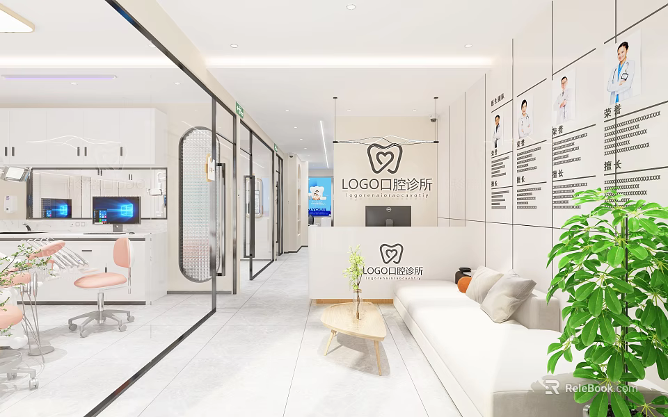 Modern Dental Clinic Interior With Reception Desk Sofa Green Plant And Glass Partition 3d model 