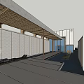 Modern Open Corridor Space With Wooden Pergola And White Wall Design Elements 3d model