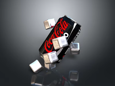 Coca-Cola Beverage Can With Ice Cubes Scattered On Dark Background Surface 3d model