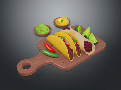 Freshly Made Tacos on Wooden Cutting Board with Guacamole Lime Slices and Chili Pepper 3d model