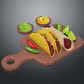 Freshly Made Tacos on Wooden Cutting Board with Guacamole Lime Slices and Chili Pepper