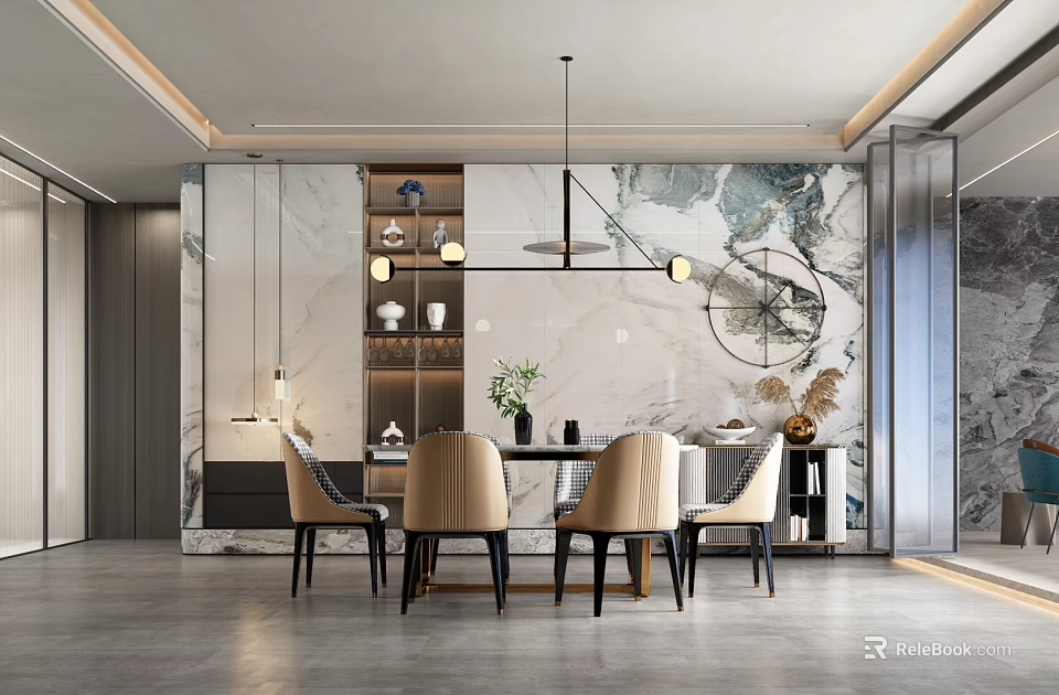 Modern Restaurant Interior Design With Marble Wall Dining Table Chairs And Pendant Light 3d model