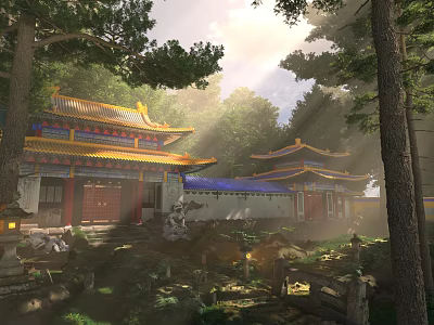 Ancient Chinese Architecture Featuring Curved Eaves Golden Roofs Wooden Structures And Trees 3d model