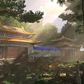 Ancient Chinese Architecture Featuring Curved Eaves Golden Roofs Wooden Structures And Trees