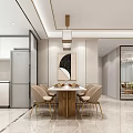 Modern Dining Living Room Interior With Wooden Table Beige Gold Chairs And Pendant Light
