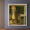 Portrait Painting of Seated Female in White Lace Dress with Decorative Chair and Framed Artwork