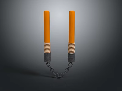 Traditional Nunchucks Weapon With Orange Sticks Black Handles And Chain Design 3d model