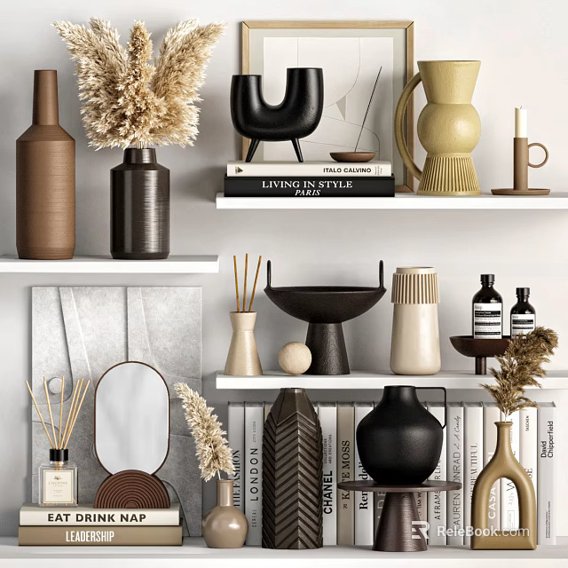 Ornamental Decor Set With Vases Sculptures Diffusers Books And Mirror For Shelf 3d model
