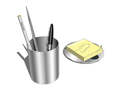 Desk Accessory Organizer Set With Metal Pen Holder Pens And Yellow Sticky Note Pad 3d model