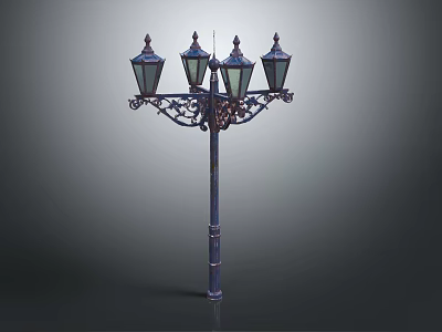 Vintage Style Outdoor Furniture Street Lamp With Four Decorative Metal Shades And Dark Carved Pole 3d model