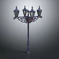 Vintage Style Outdoor Furniture Street Lamp With Four Decorative Metal Shades And Dark Carved Pole