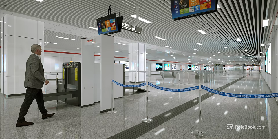 Modern Subway Station Interior Design With Security Check Equipment Blue Barriers And Screens 3d model 