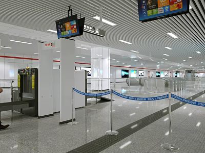 Modern Subway Station Interior Design With Security Check Equipment Blue Barriers And Screens 3d model