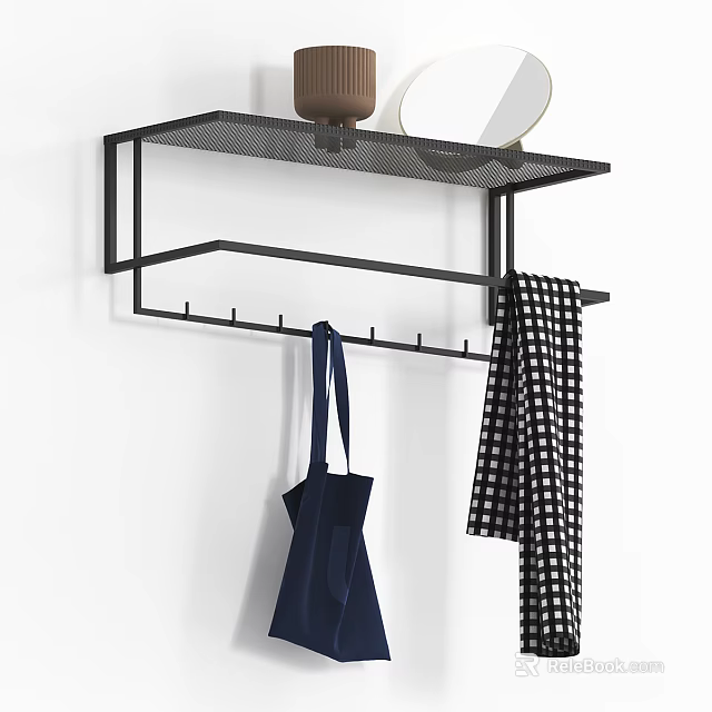 Wall Mounted Black Hook Rack With Shelf Container Mirror And Hanging Bag Checkered Scarf 3d model 