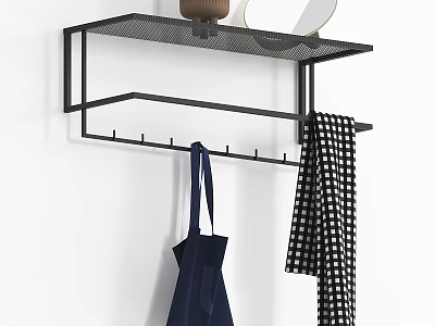 Wall Mounted Black Hook Rack With Shelf Container Mirror And Hanging Bag Checkered Scarf 3d model