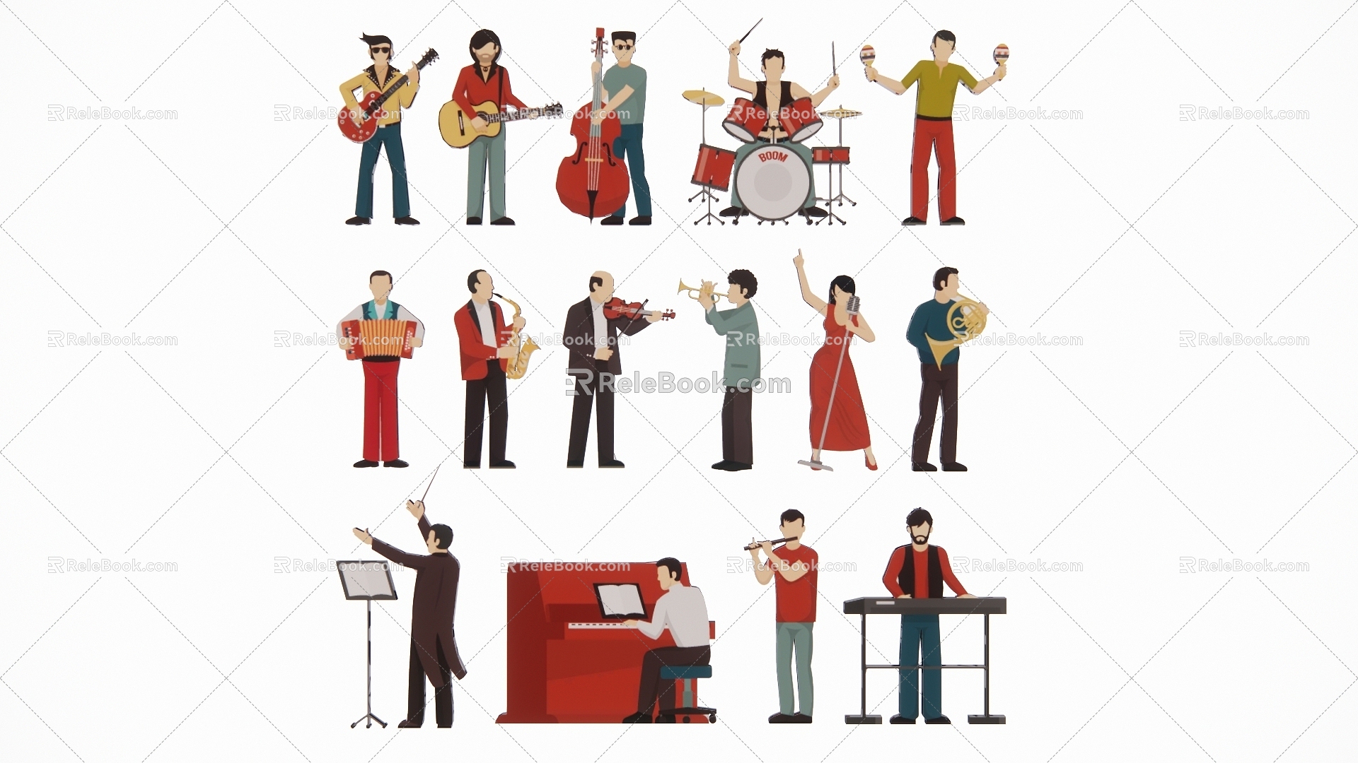 Modern 2D Cartoon Music Performance Singer Character Band Musical Instrument Music Silhouette model