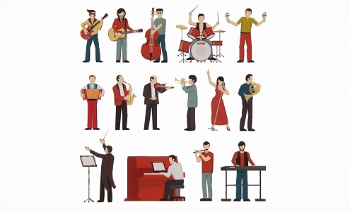 Modern 2D Cartoon Music Performance Singer Character Band Musical Instrument Music Silhouette 3d model