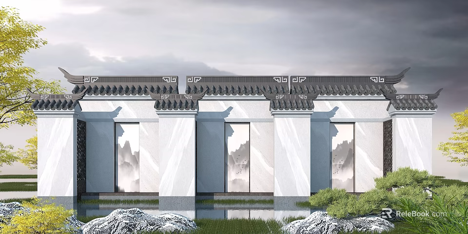 Chinese Traditional Scenic Wall With Tile Roof Landscape Painting Windows Rockery And Grass 3d model 