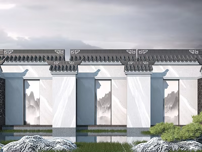 Chinese Traditional Scenic Wall With Tile Roof Landscape Painting Windows Rockery And Grass 3d model
