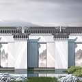 Chinese Traditional Scenic Wall With Tile Roof Landscape Painting Windows Rockery And Grass