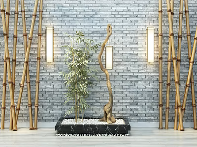 Garden Ornament With Bamboo Plant Curved Wooden Root Gray Brick Wall And Strip Lights 3d model