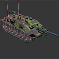 Camouflaged Military Tank With Cannon Tracks And Antennas On Dark Surface