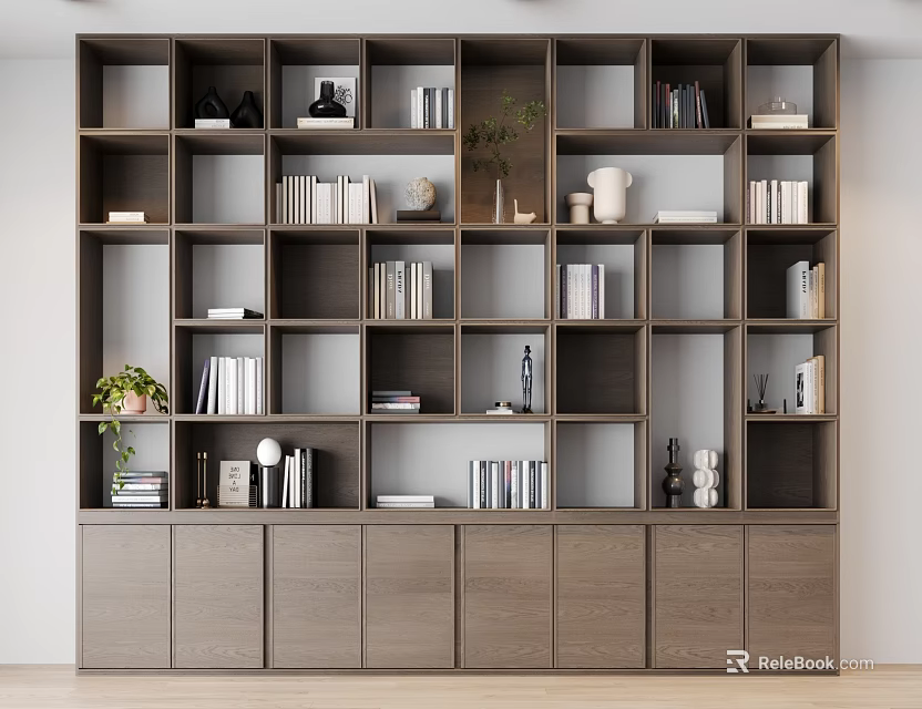 Modern Bookshelf Interior with Open Compartments Books Decorative Items Plants and Cabinet Base 3d model 
