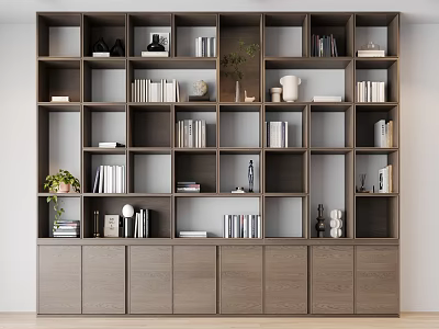 Modern Bookshelf Interior with Open Compartments Books Decorative Items Plants and Cabinet Base 3d model