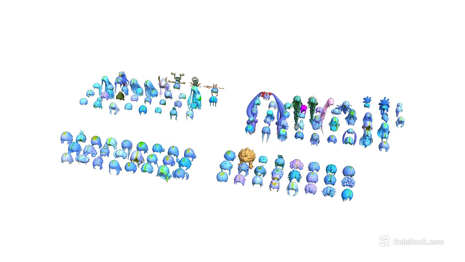 Game Movie Characters With Blue And Colorful Designs In Various Poses 3d model 