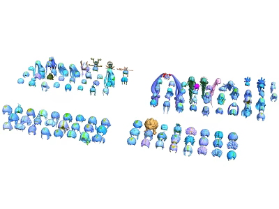 Game Movie Characters With Blue And Colorful Designs In Various Poses 3d model