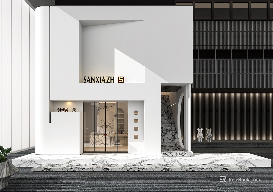 Modern Storefront with White Facade Glass Door Marble Floor and SANXIAZHU 9 Signboard 3d model 