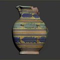 Ceramic Clay Jug With Broken Rim And Colorful Striped Decorative Patterns