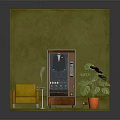 Yellow Single Sofa In Interior Scene With Brown Vending Machine Green Plant And Green Wall