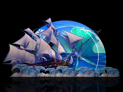 Vintage Sailing Ship With White Sails Sailing Through Turquoise Waves Against Blue Green Moonlit Backdrop 3d model