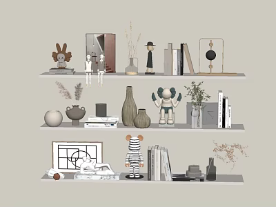 Stylish Decorative Ornament Set With Vases Books Figurines Frames And Dried Plants On Shelves 3d model