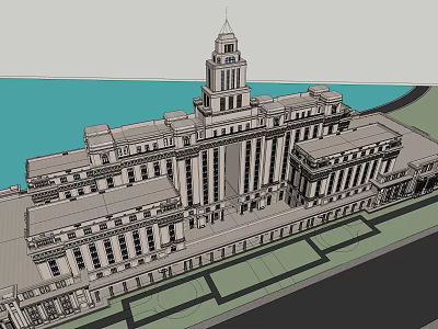 Classical Office Building with Grand Tower and Symmetrical Columns Architectural Design 3d model