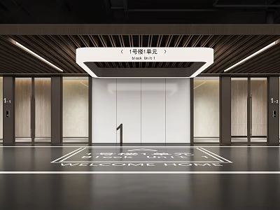 Modern Parking Garage Elevator Entrance With Wooden Ceiling LED Lights And Floor Markings 3d model