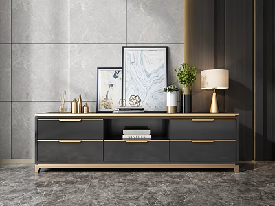 Modern Luxury TV Stand With Gold Accents And Decorative Paintings Green Plant And Lamp 3d model