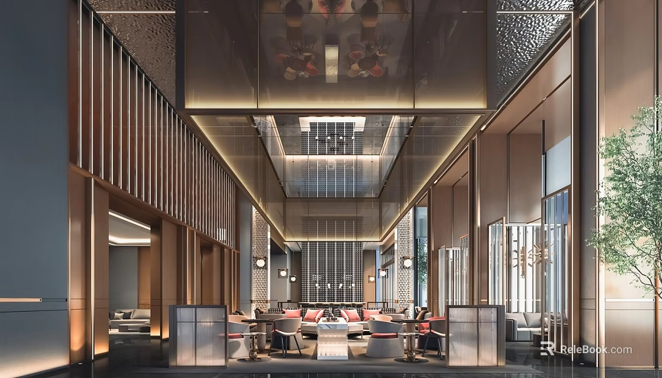 Elegant Modern Hotel Lobby Interior Design Featuring Chandelier Lighting Comfortable Seating And Glass Partitions 3d model 