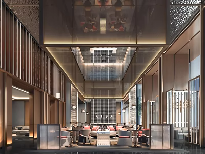 Elegant Modern Hotel Lobby Interior Design Featuring Chandelier Lighting Comfortable Seating And Glass Partitions 3d model