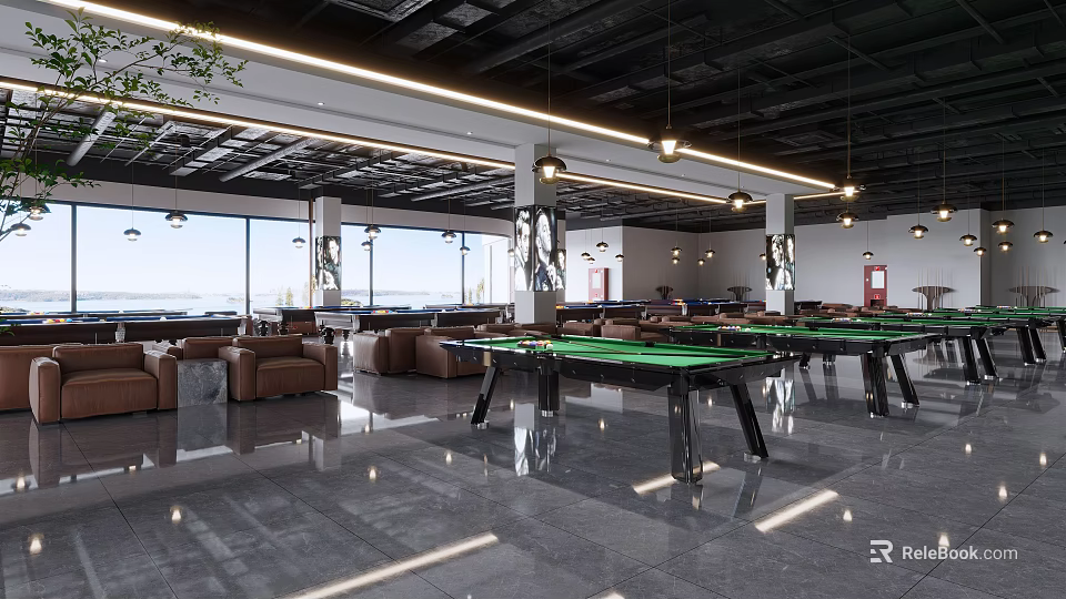 Spacious Billiard Room Interior With Green Pool Tables Leather Sofas And Pendant Lights 3d model 